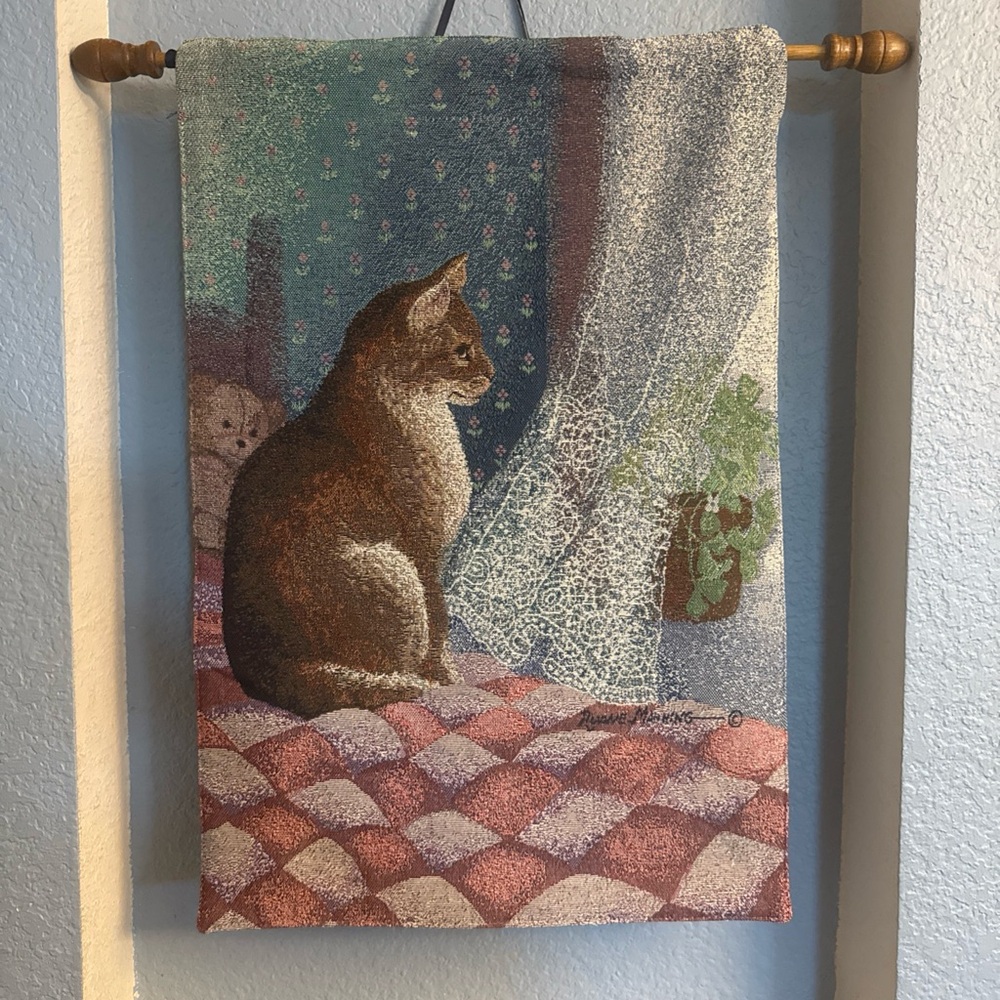 Ruane Manning 19x13 woven cat tapestry with dowel and hanging strap.